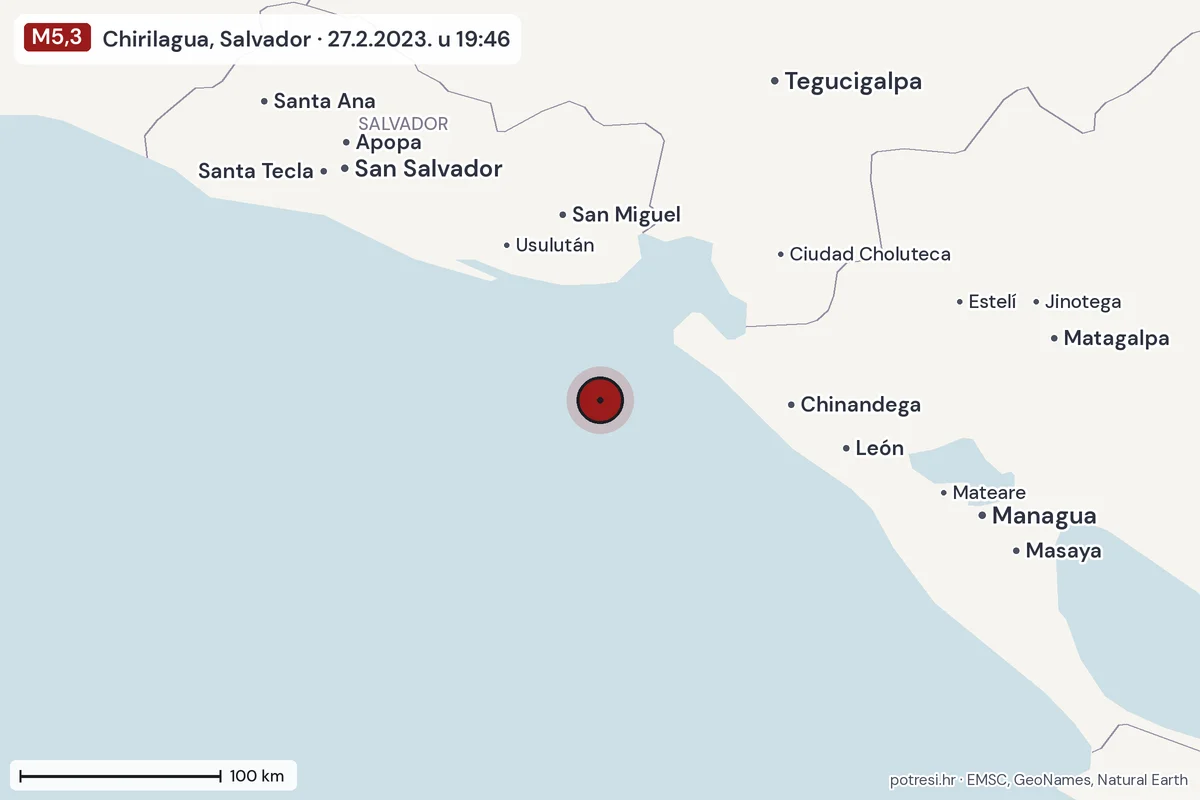 Karta: šire područje, 600 km, potres M5,3, Chirilagua, Salvador, 27.2.2023.