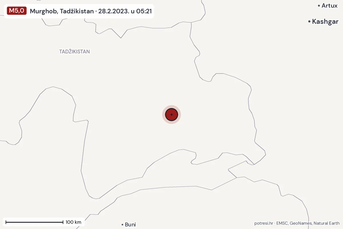 Karta: šire područje, 600 km, potres M5,0, Murghob, Tadžikistan, 28.2.2023.