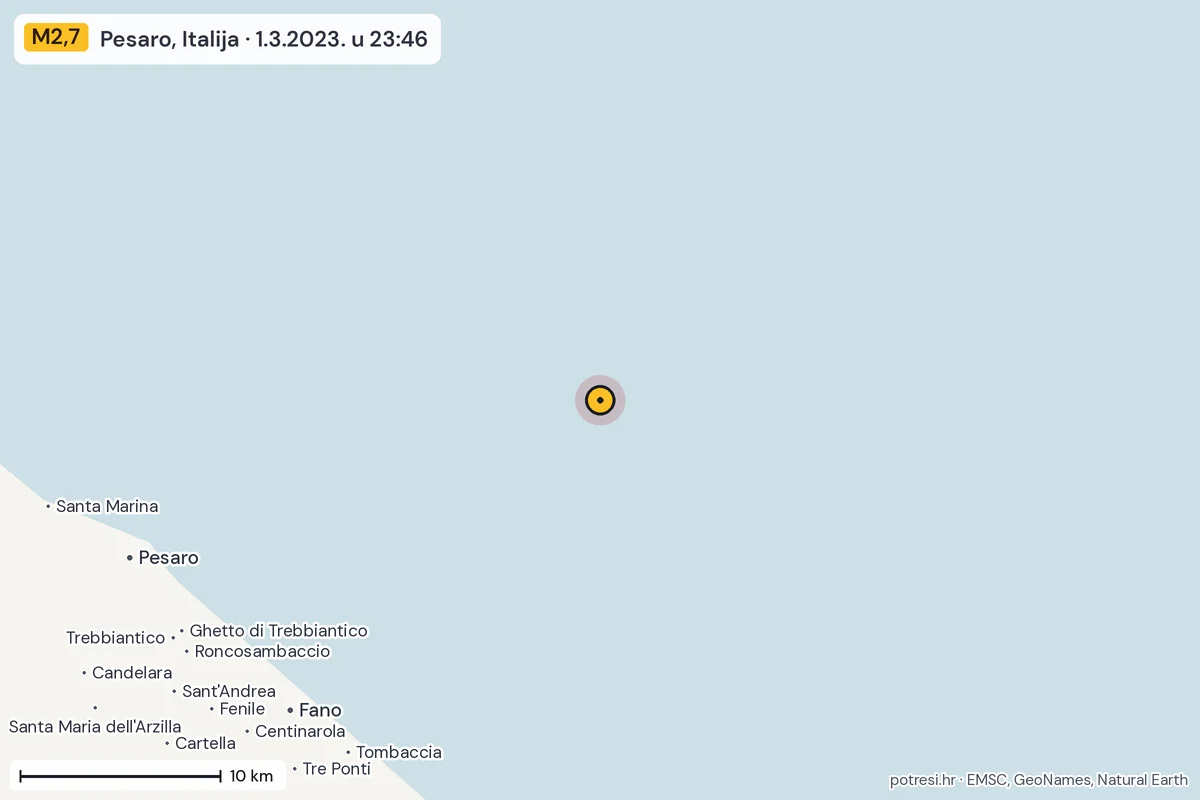 Karta: okolica epicentra, 60 km, potres M2,7, Pesaro, Italija, 1.3.2023.