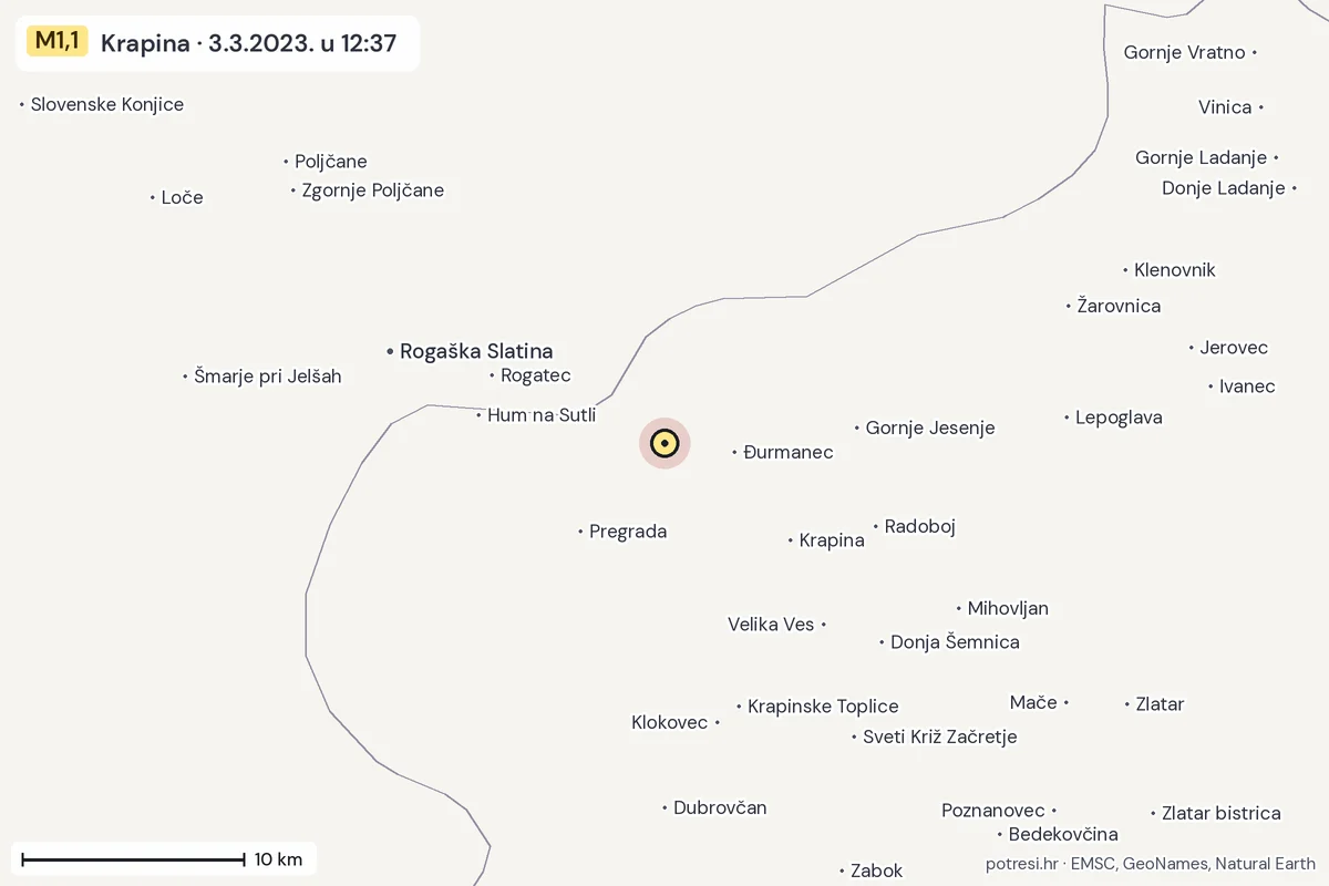 Karta: okolica epicentra, 60 km, potres M1,1, Krapina, 3.3.2023.