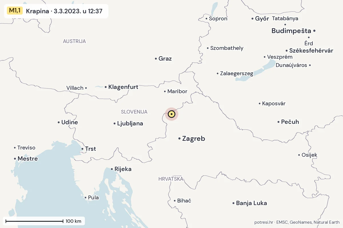 Karta: šire područje, 600 km, potres M1,1, Krapina, 3.3.2023.