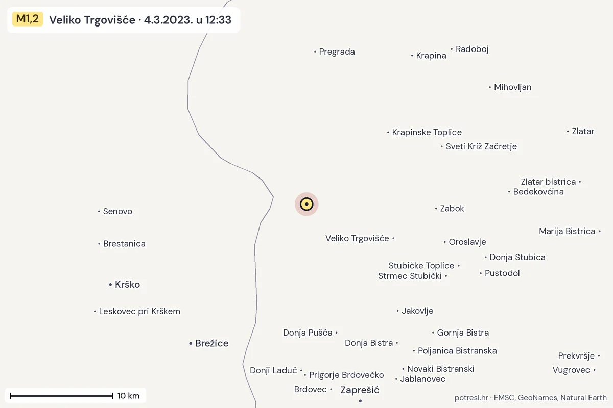 Karta: okolica epicentra, 60 km, potres M1,2, Veliko Trgovišće, 4.3.2023.