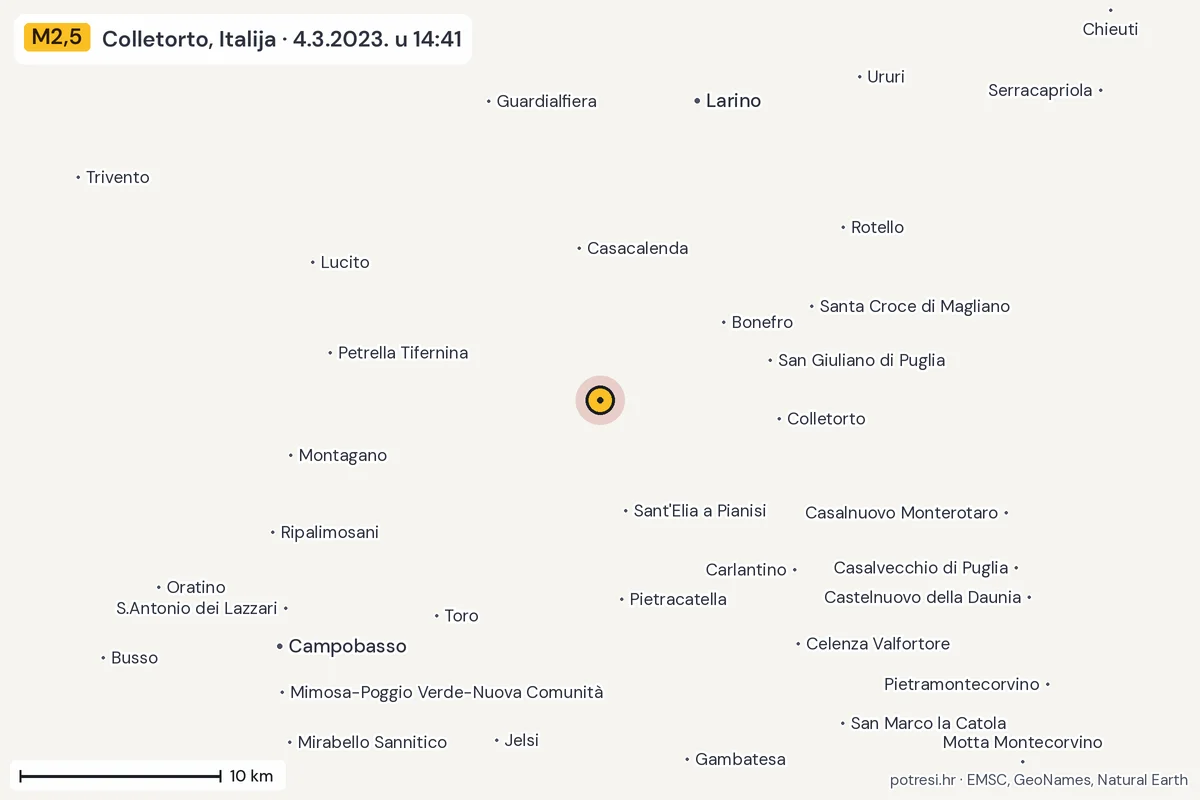 Karta: okolica epicentra, 60 km, potres M2,5, Colletorto, Italija, 4.3.2023.