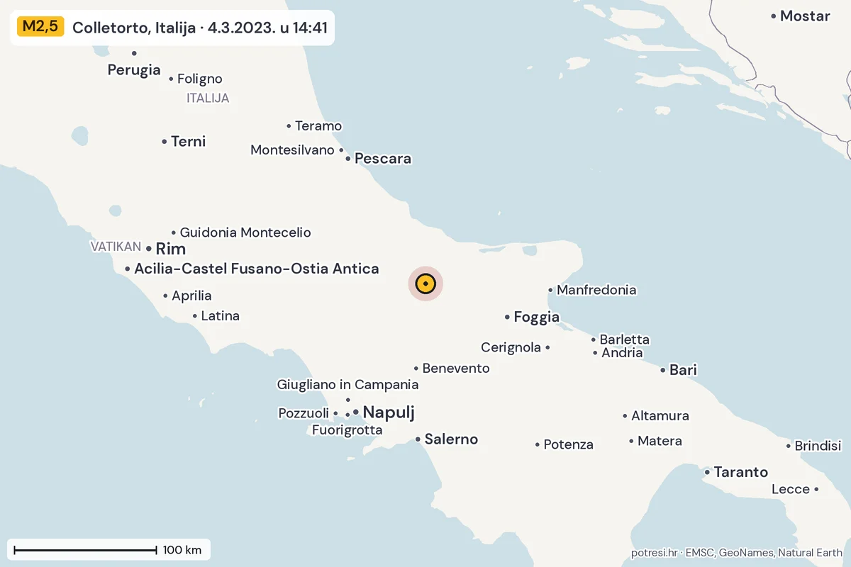 Karta: šire područje, 600 km, potres M2,5, Colletorto, Italija, 4.3.2023.