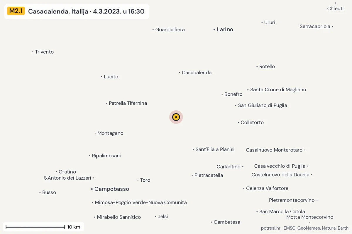 Karta: okolica epicentra, 60 km, potres M2,1, Casacalenda, Italija, 4.3.2023.