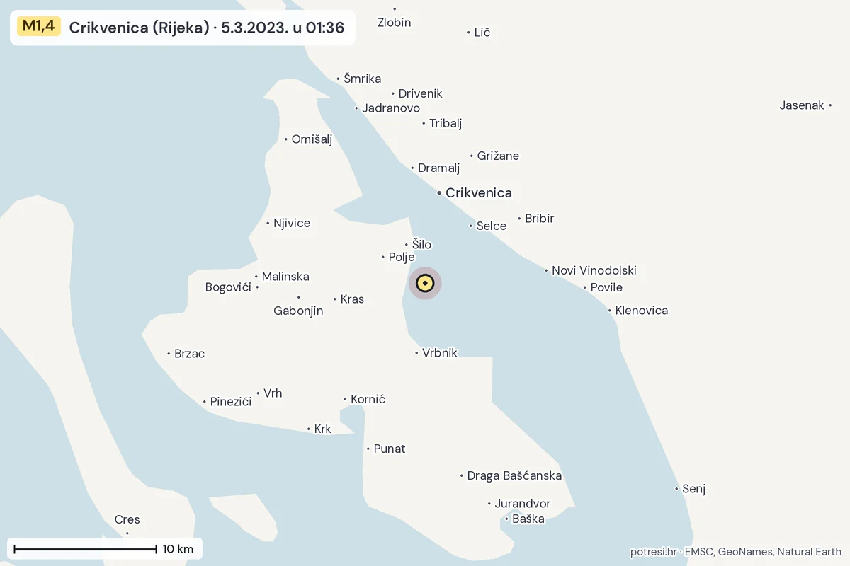 Karta: okolica epicentra, 60 km, potres M1,4, Crikvenica (Rijeka), 5.3.2023.