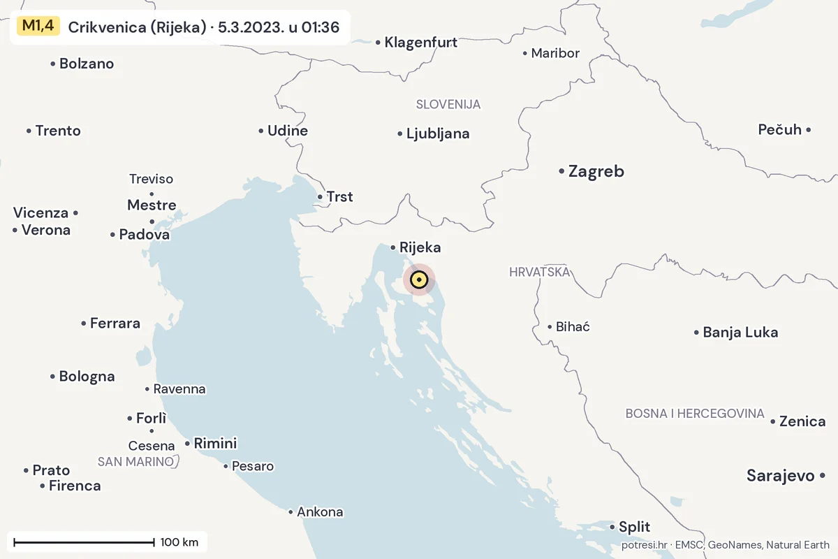 Karta: šire područje, 600 km, potres M1,4, Crikvenica (Rijeka), 5.3.2023.