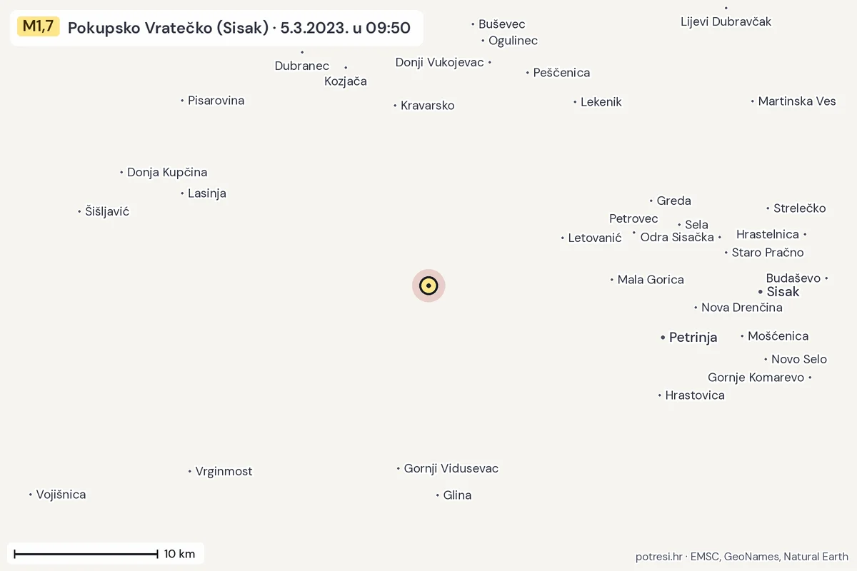 Karta: okolica epicentra, 60 km, potres M1,7, Pokupsko Vratečko (Sisak), 5.3.2023.