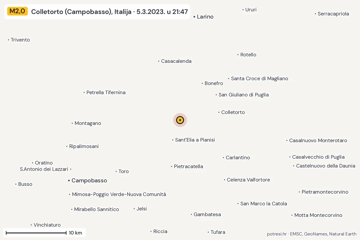 Karta: okolica epicentra, 60 km, potres M2,0, Colletorto (Campobasso), Italija, 5.3.2023.