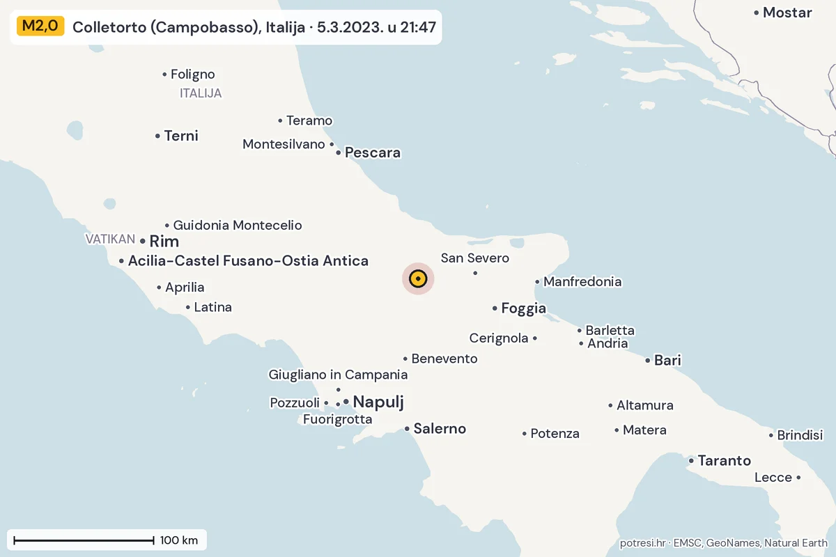 Karta: šire područje, 600 km, potres M2,0, Colletorto (Campobasso), Italija, 5.3.2023.