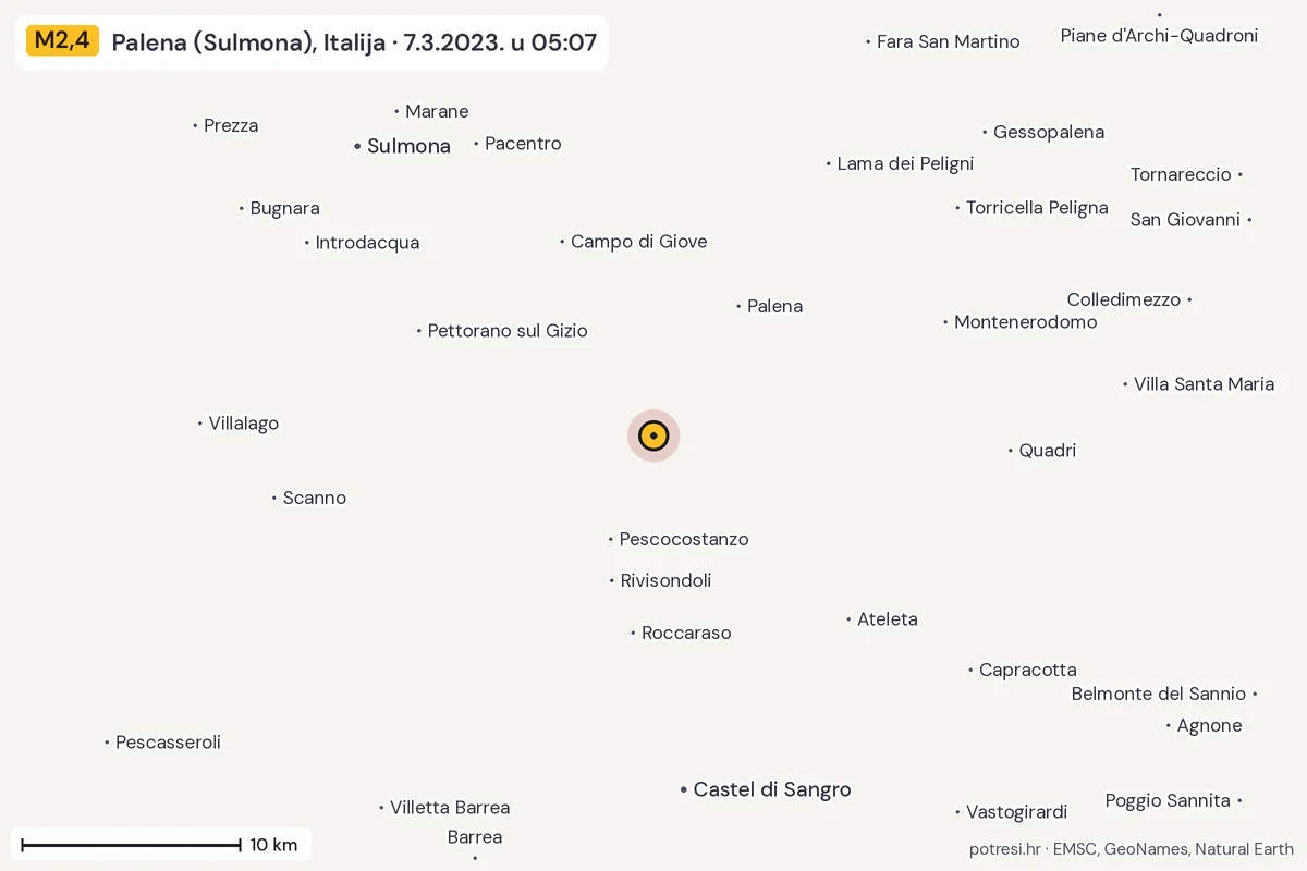 Karta: okolica epicentra, 60 km, potres M2,4, Palena (Sulmona), Italija, 7.3.2023.