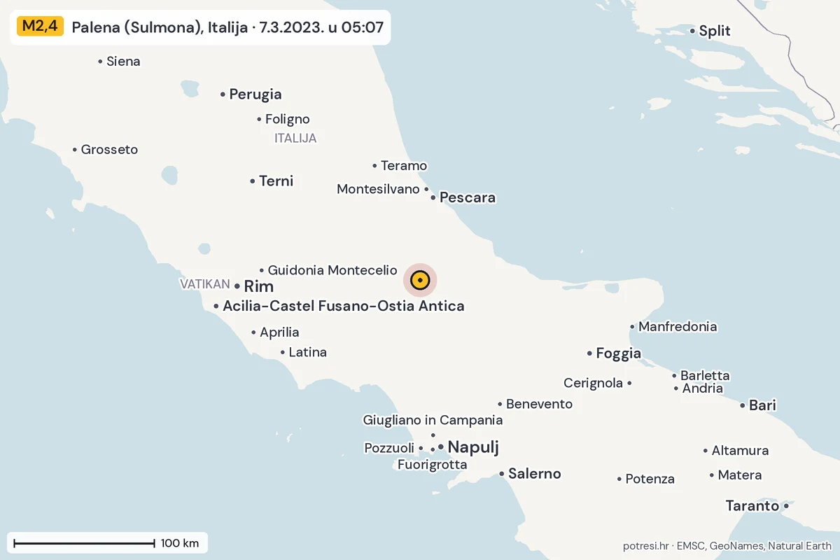 Karta: šire područje, 600 km, potres M2,4, Palena (Sulmona), Italija, 7.3.2023.