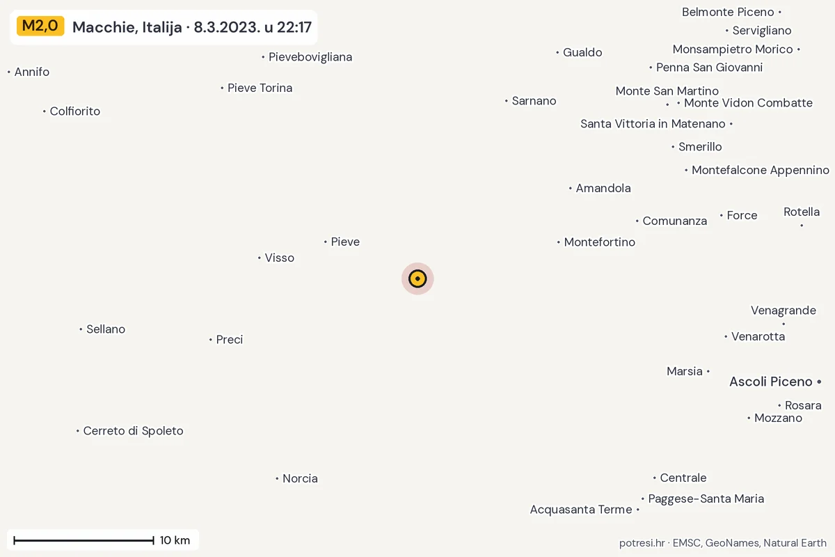 Karta: okolica epicentra, 60 km, potres M2,0, Macchie, Italija, 8.3.2023.