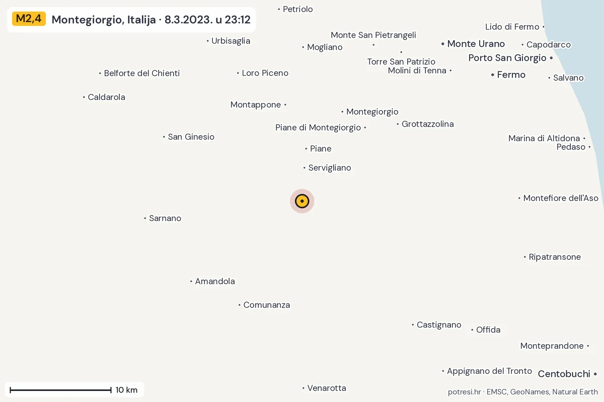 Karta: okolica epicentra, 60 km, potres M2,4, Montegiorgio, Italija, 8.3.2023.