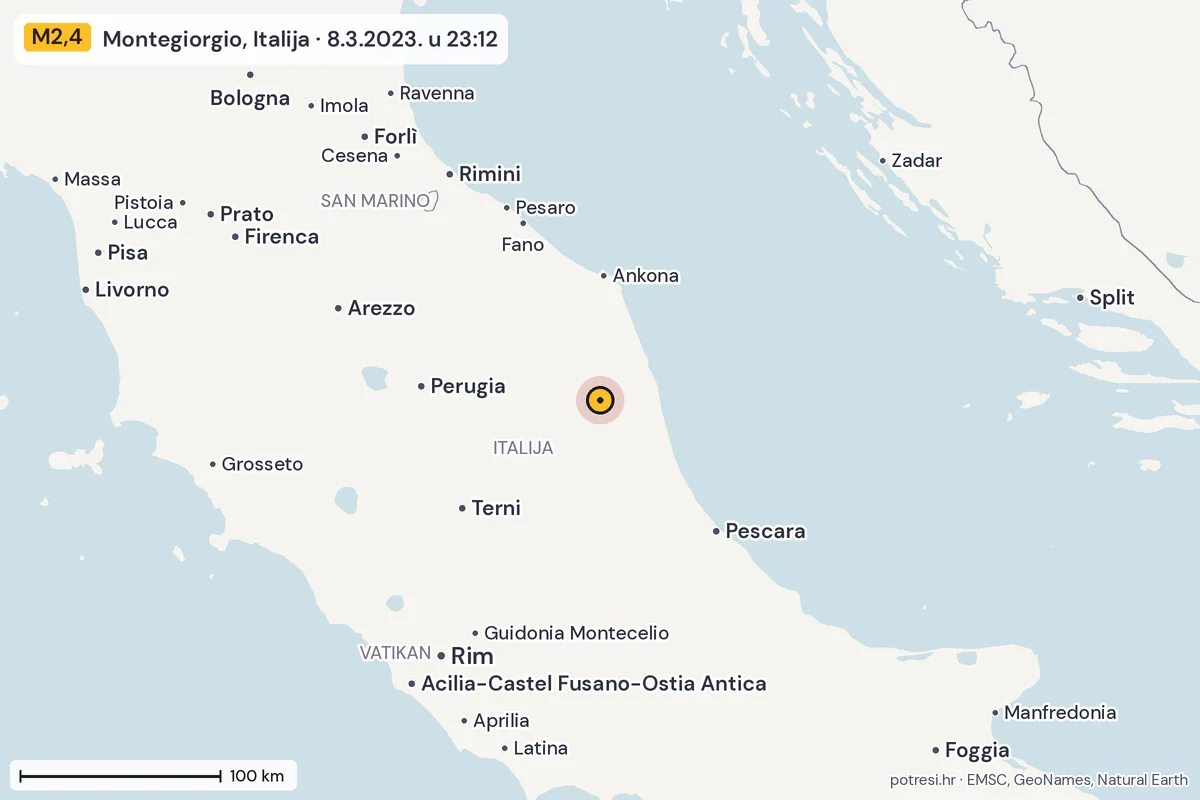 Karta: šire područje, 600 km, potres M2,4, Montegiorgio, Italija, 8.3.2023.
