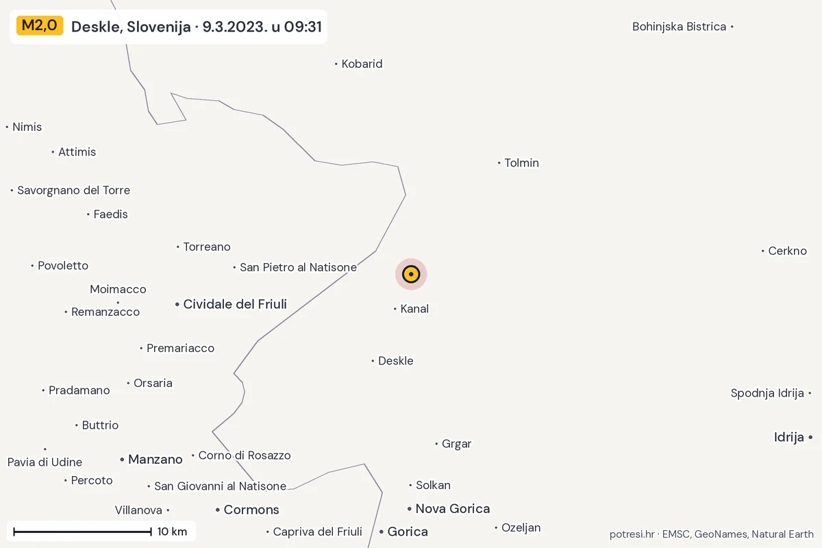Karta: okolica epicentra, 60 km, potres M2,0, Deskle, Slovenija, 9.3.2023.