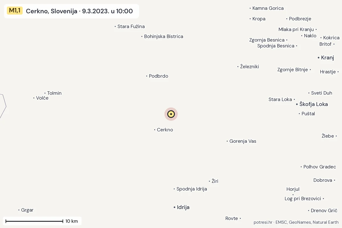 Karta: okolica epicentra, 60 km, potres M1,1, Cerkno, Slovenija, 9.3.2023.