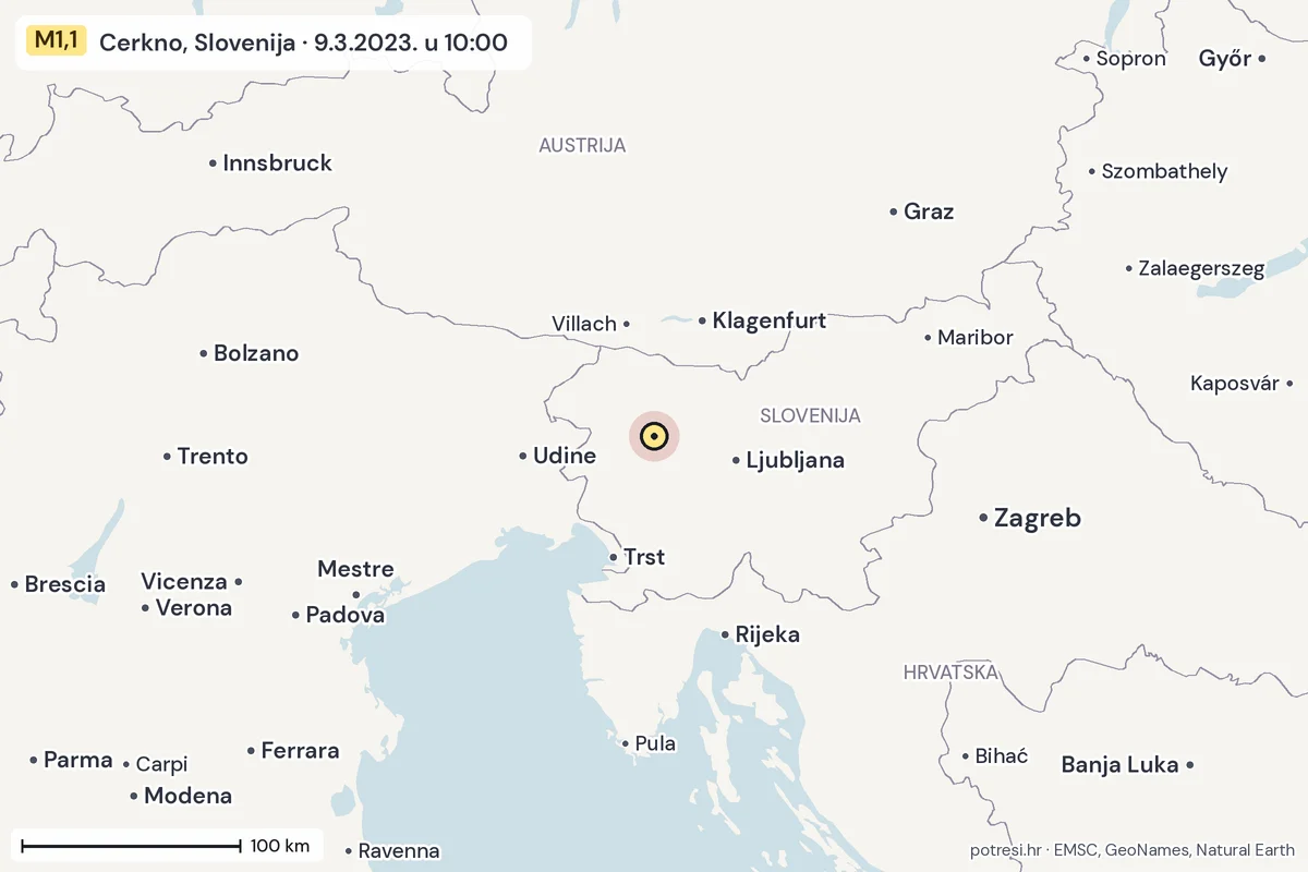 Karta: šire područje, 600 km, potres M1,1, Cerkno, Slovenija, 9.3.2023.