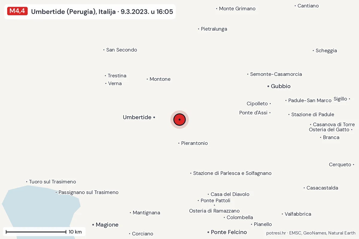 Karta: okolica epicentra, 60 km, potres M4,4, Umbertide (Perugia), Italija, 9.3.2023.