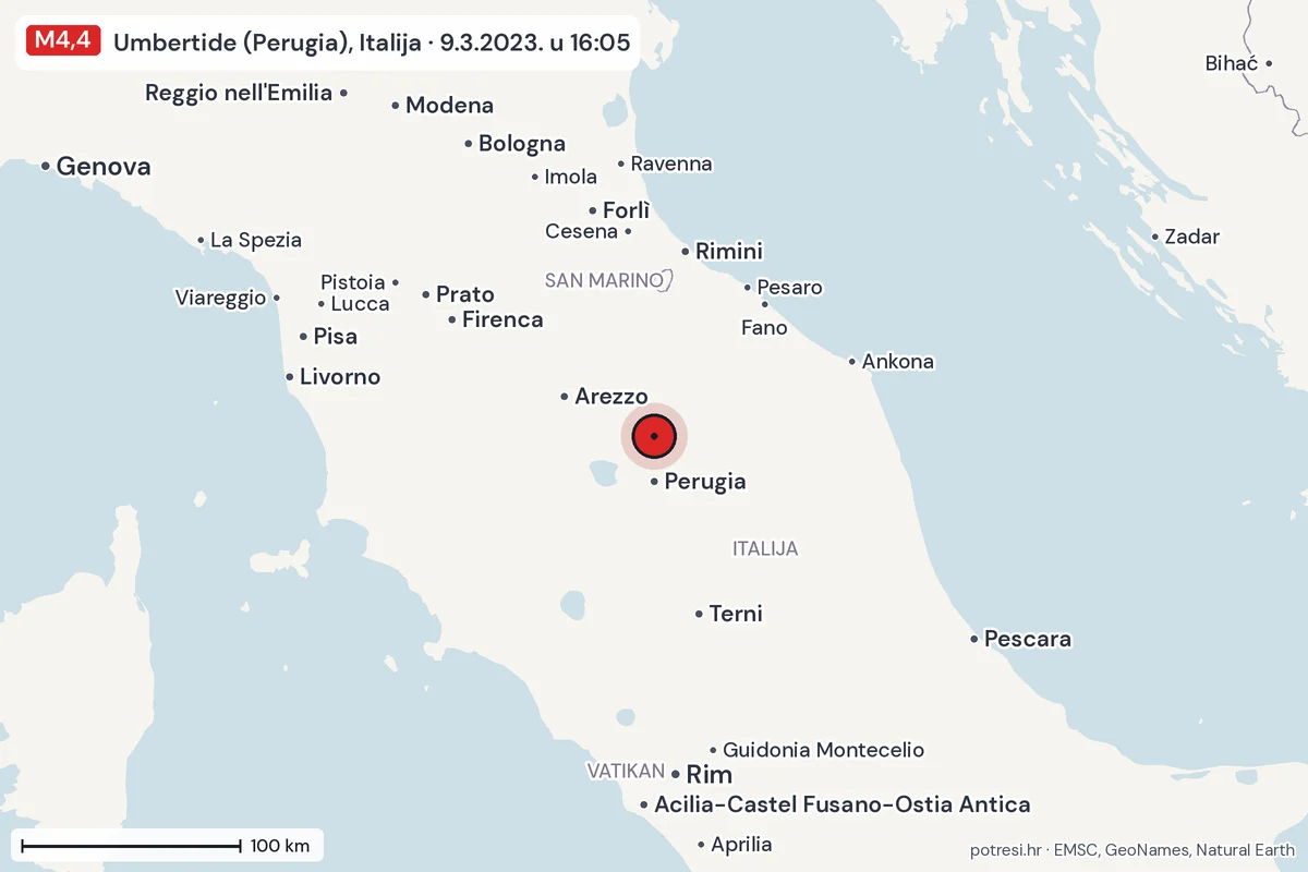Karta: šire područje, 600 km, potres M4,4, Umbertide (Perugia), Italija, 9.3.2023.