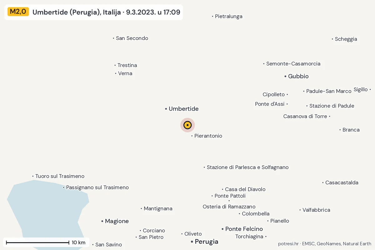 Karta: okolica epicentra, 60 km, potres M2,0, Umbertide (Perugia), Italija, 9.3.2023.