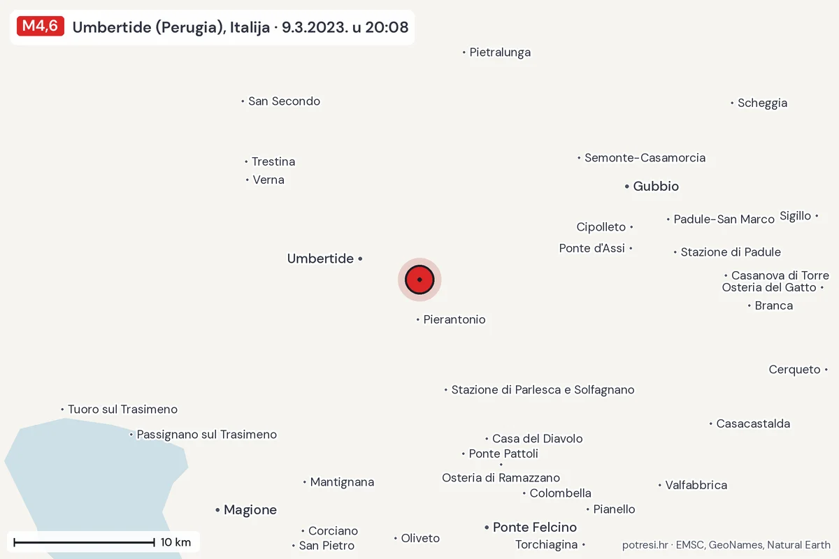 Karta: okolica epicentra, 60 km, potres M4,6, Umbertide (Perugia), Italija, 9.3.2023.
