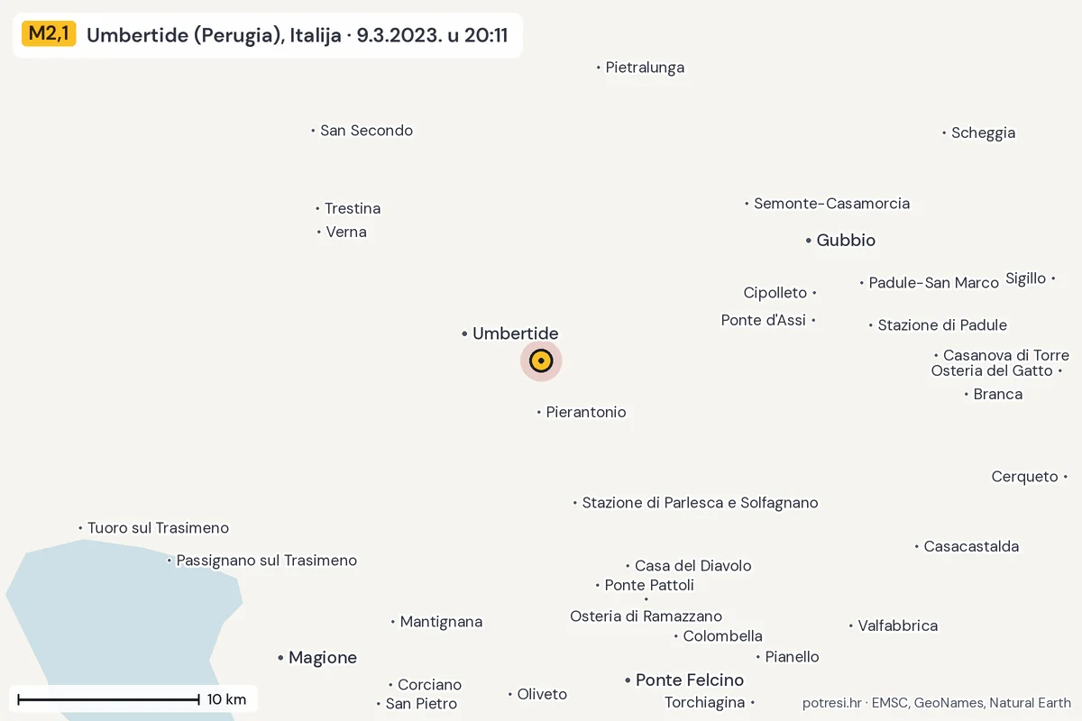 Karta: okolica epicentra, 60 km, potres M2,1, Umbertide (Perugia), Italija, 9.3.2023.