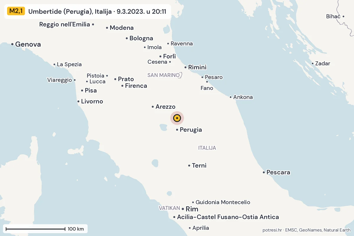 Karta: šire područje, 600 km, potres M2,1, Umbertide (Perugia), Italija, 9.3.2023.
