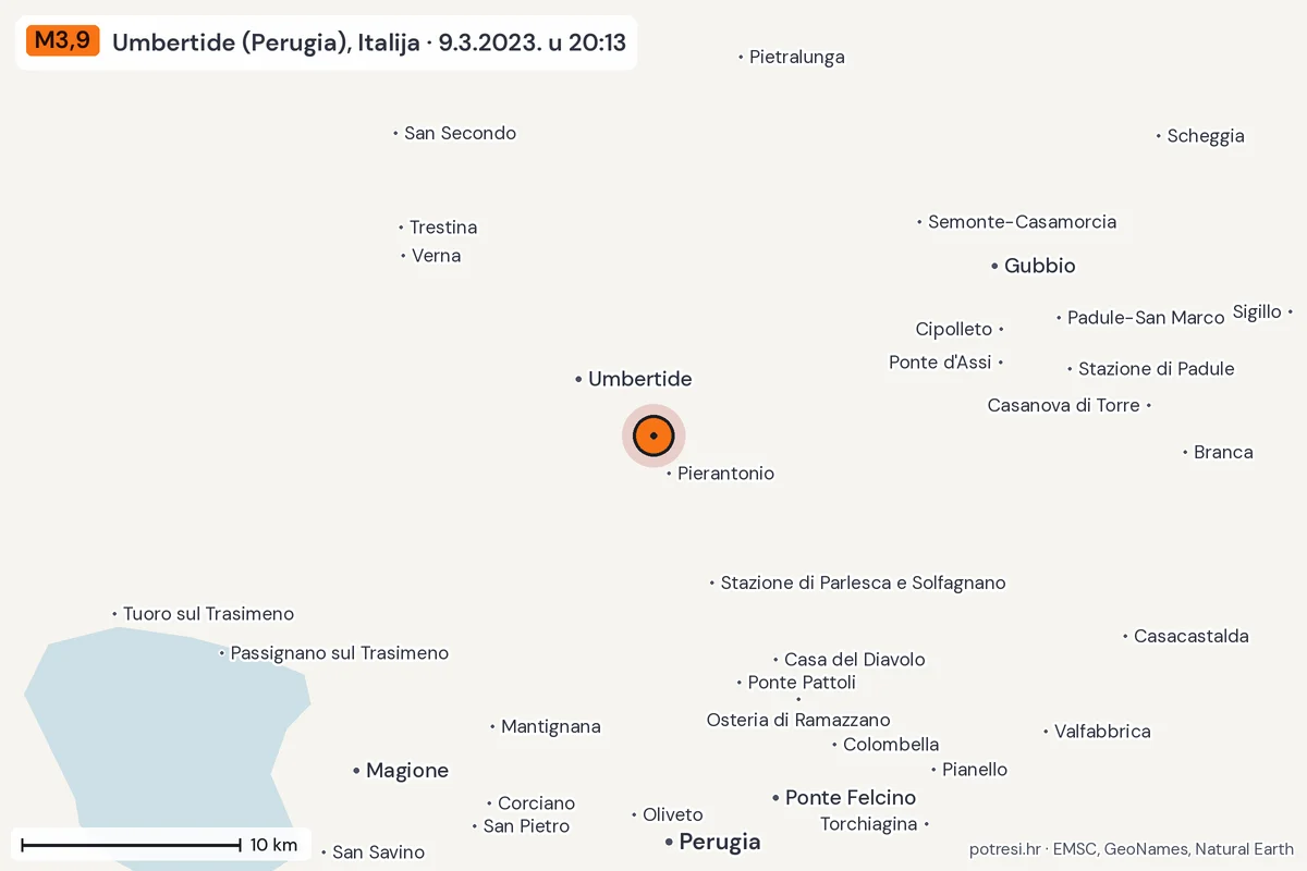 Karta: okolica epicentra, 60 km, potres M3,9, Umbertide (Perugia), Italija, 9.3.2023.