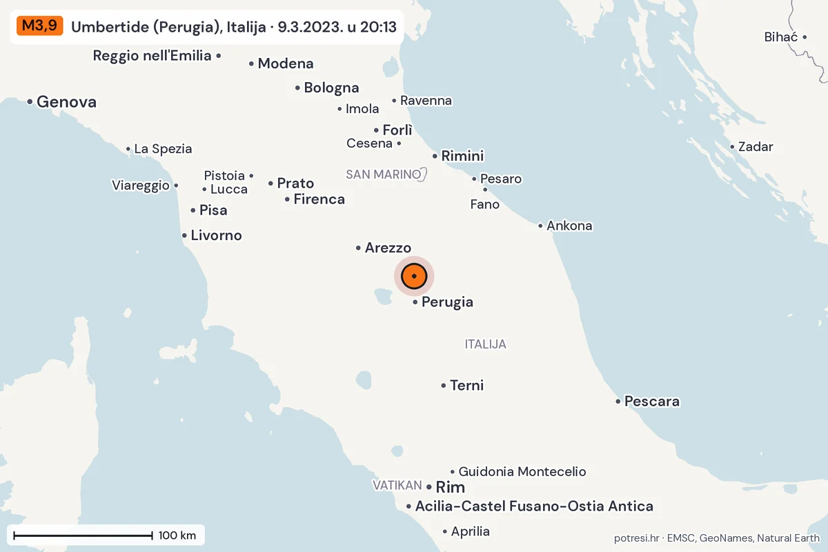 Karta: šire područje, 600 km, potres M3,9, Umbertide (Perugia), Italija, 9.3.2023.