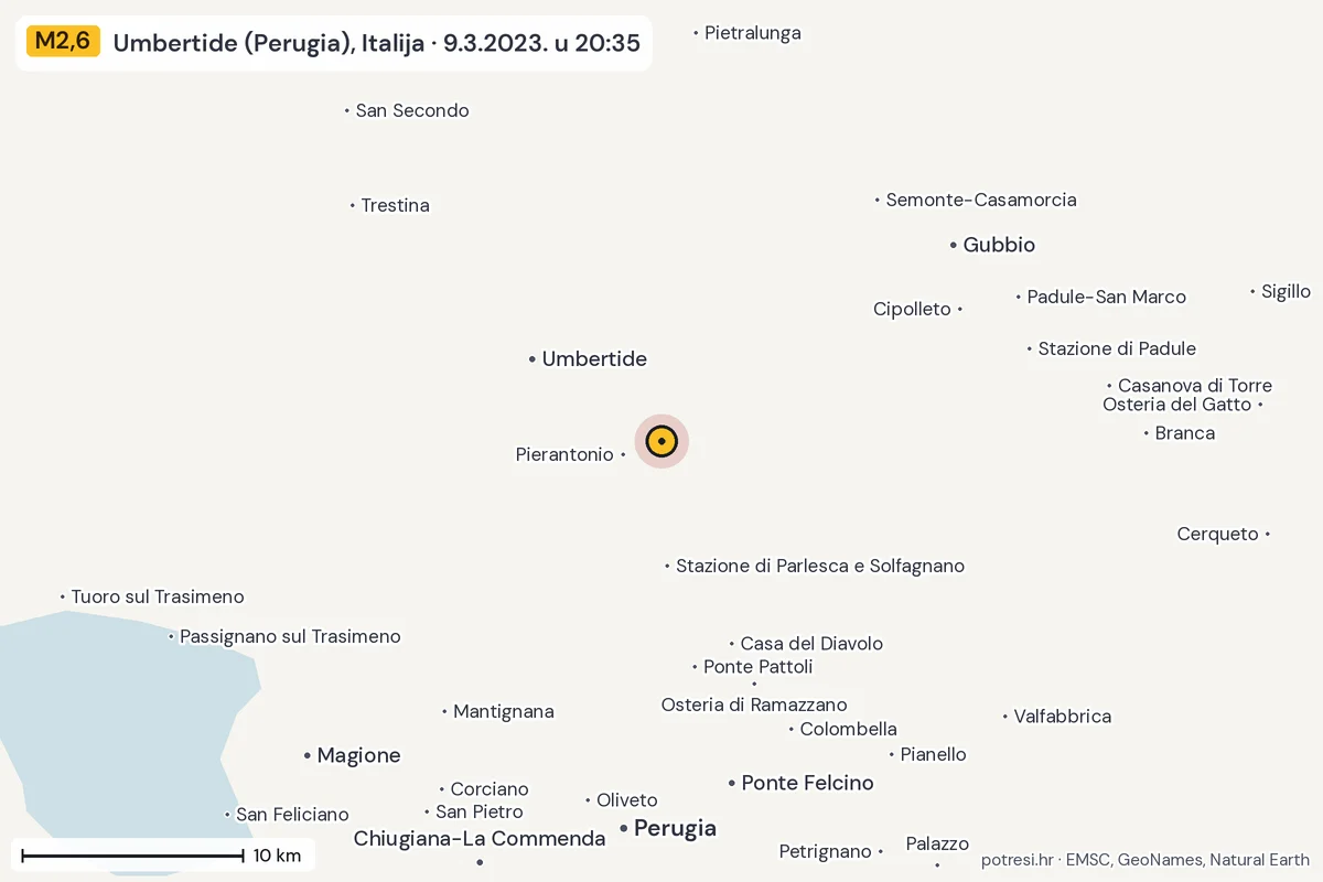 Karta: okolica epicentra, 60 km, potres M2,6, Umbertide (Perugia), Italija, 9.3.2023.