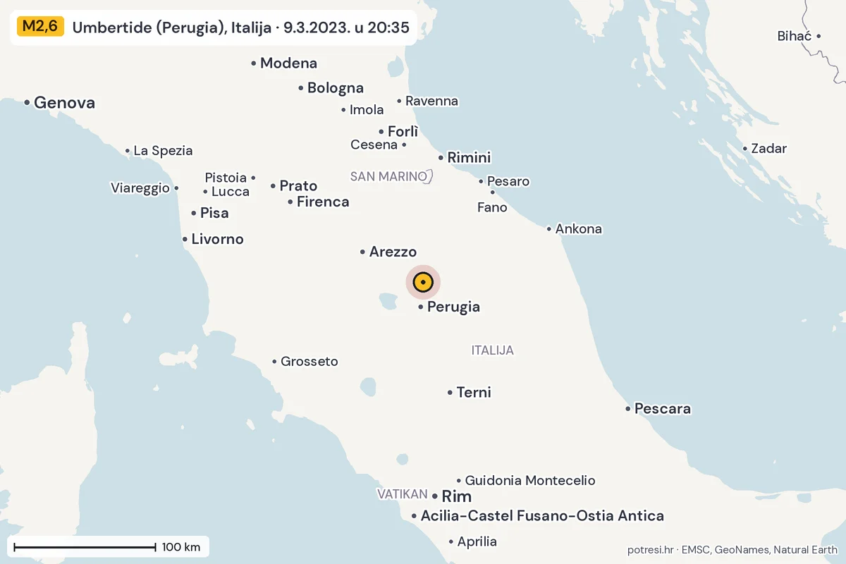 Karta: šire područje, 600 km, potres M2,6, Umbertide (Perugia), Italija, 9.3.2023.