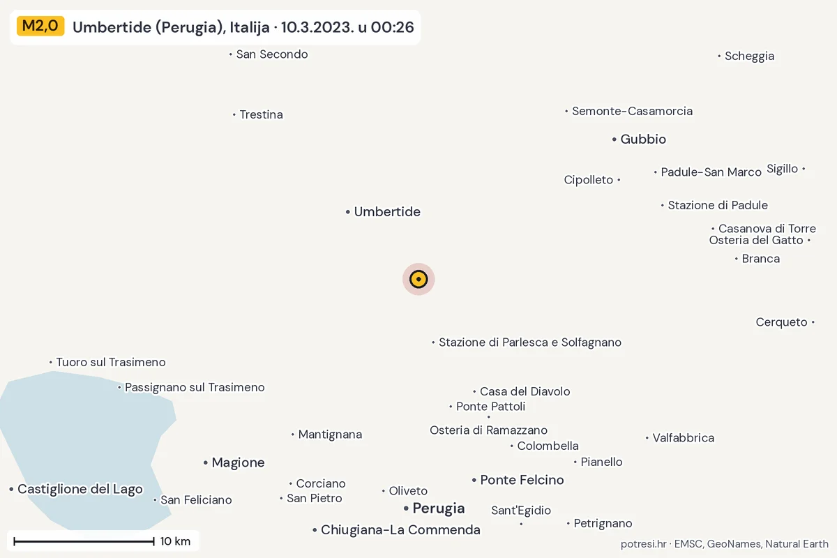 Karta: okolica epicentra, 60 km, potres M2,0, Umbertide (Perugia), Italija, 10.3.2023.
