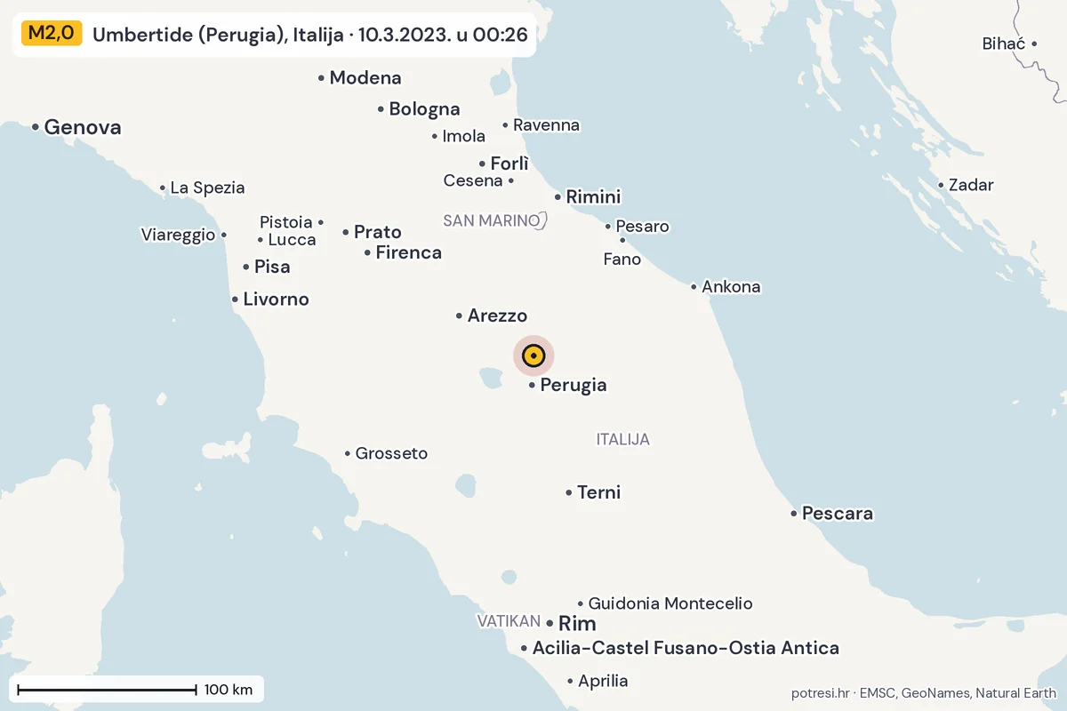 Karta: šire područje, 600 km, potres M2,0, Umbertide (Perugia), Italija, 10.3.2023.