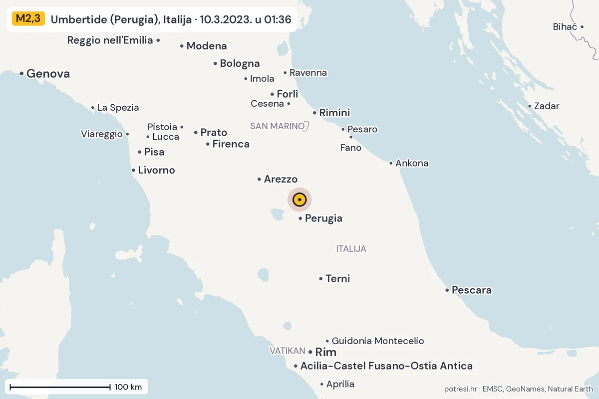 Karta: šire područje, 600 km, potres M2,3, Umbertide (Perugia), Italija, 10.3.2023.