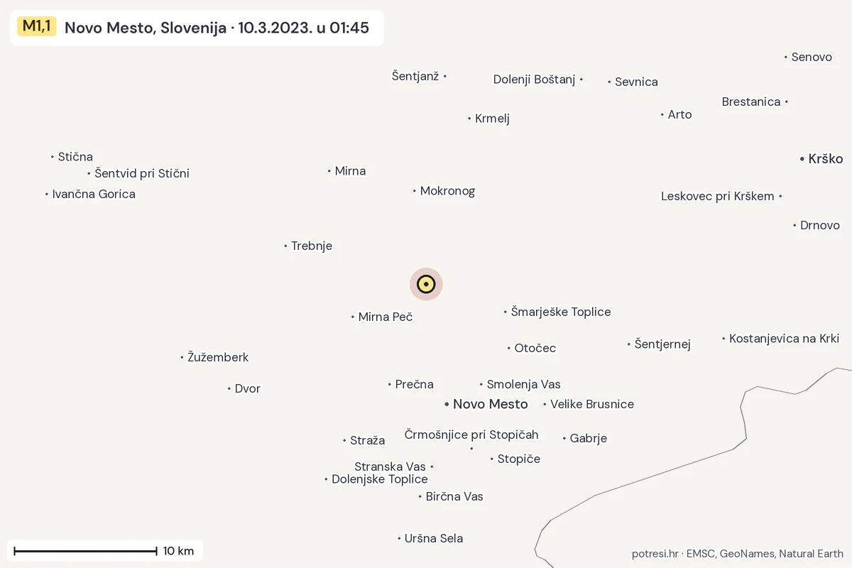 Karta: okolica epicentra, 60 km, potres M1,1, Novo Mesto, Slovenija, 10.3.2023.