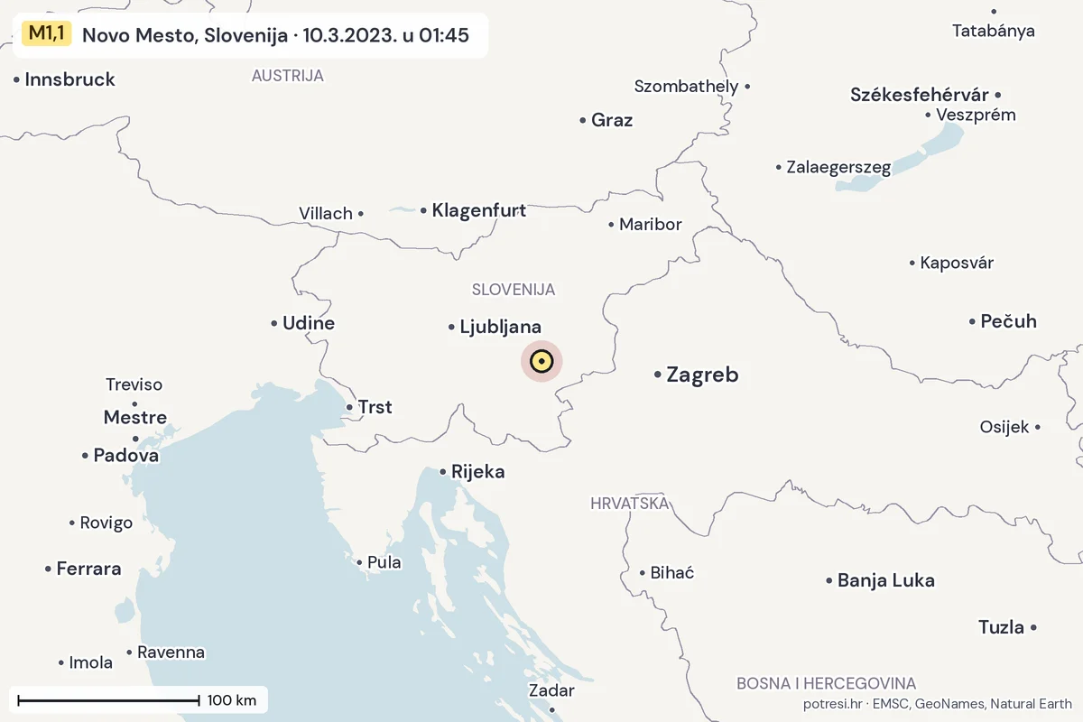 Karta: šire područje, 600 km, potres M1,1, Novo Mesto, Slovenija, 10.3.2023.