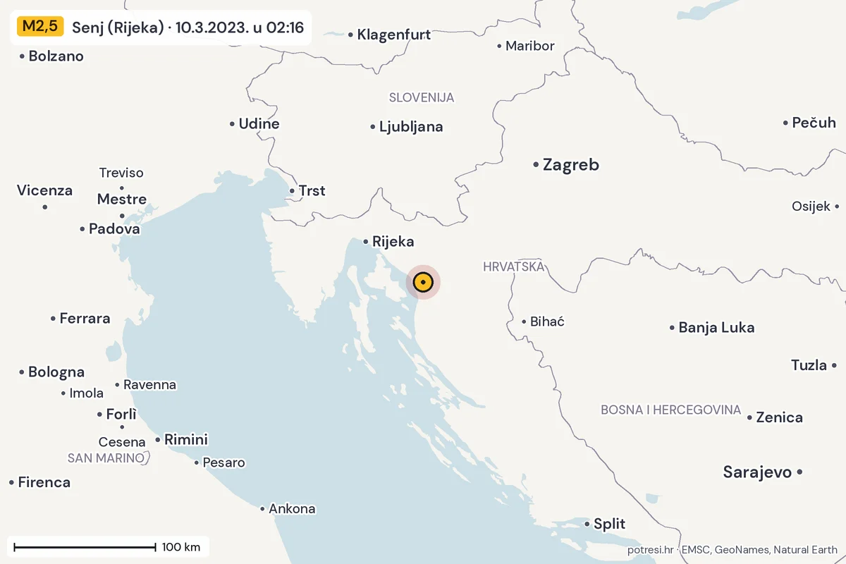 Karta: šire područje, 600 km, potres M2,5, Senj (Rijeka), 10.3.2023.