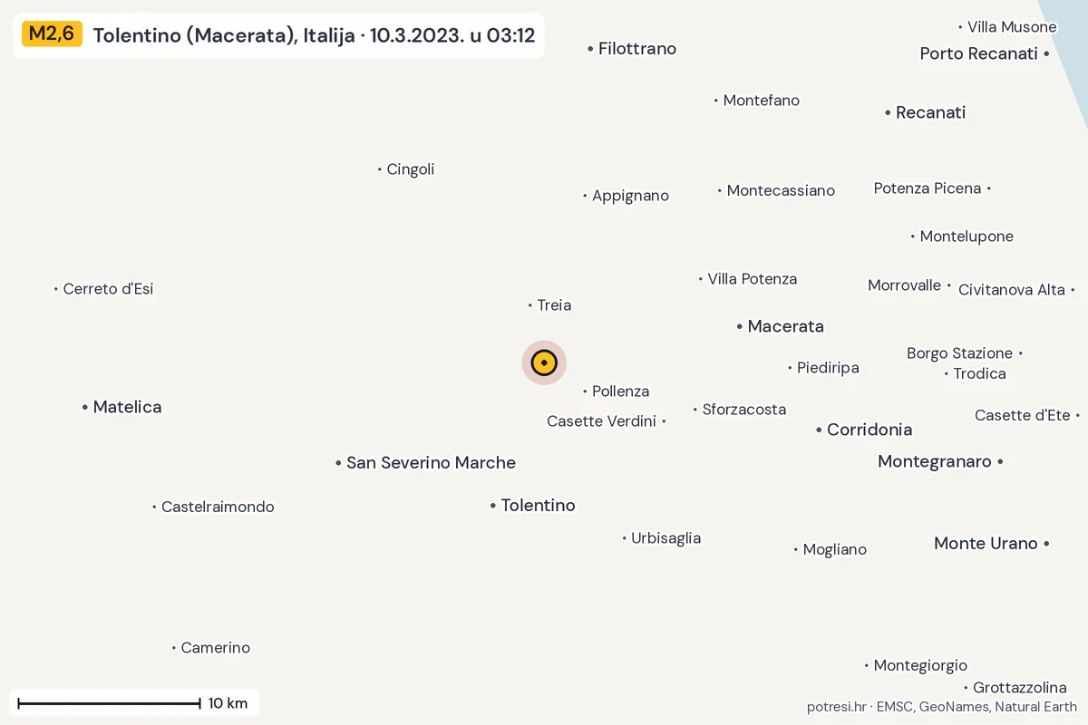 Karta: okolica epicentra, 60 km, potres M2,6, Tolentino (Macerata), Italija, 10.3.2023.