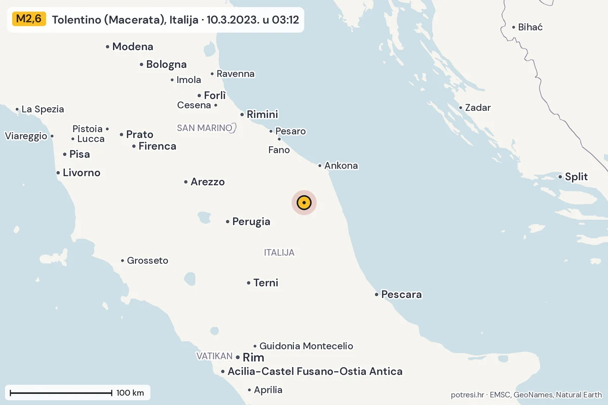 Karta: šire područje, 600 km, potres M2,6, Tolentino (Macerata), Italija, 10.3.2023.