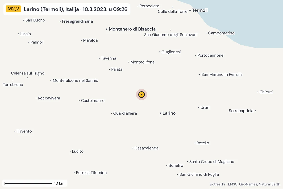Karta: okolica epicentra, 60 km, potres M2,2, Larino (Termoli), Italija, 10.3.2023.