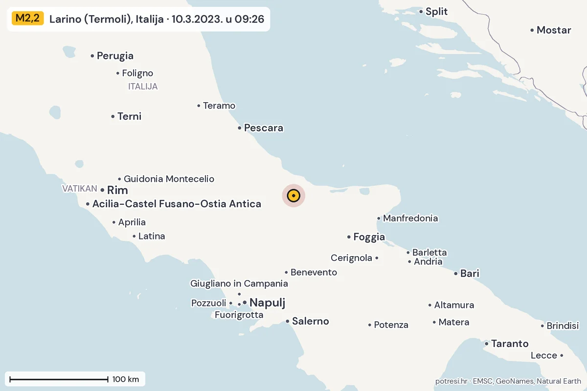 Karta: šire područje, 600 km, potres M2,2, Larino (Termoli), Italija, 10.3.2023.