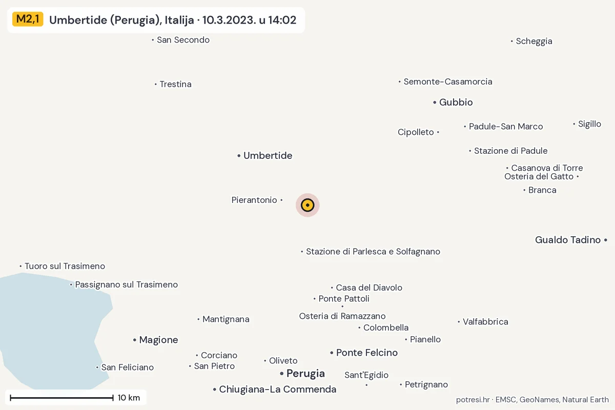Karta: okolica epicentra, 60 km, potres M2,1, Umbertide (Perugia), Italija, 10.3.2023.