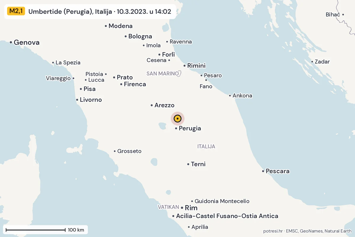 Karta: šire područje, 600 km, potres M2,1, Umbertide (Perugia), Italija, 10.3.2023.