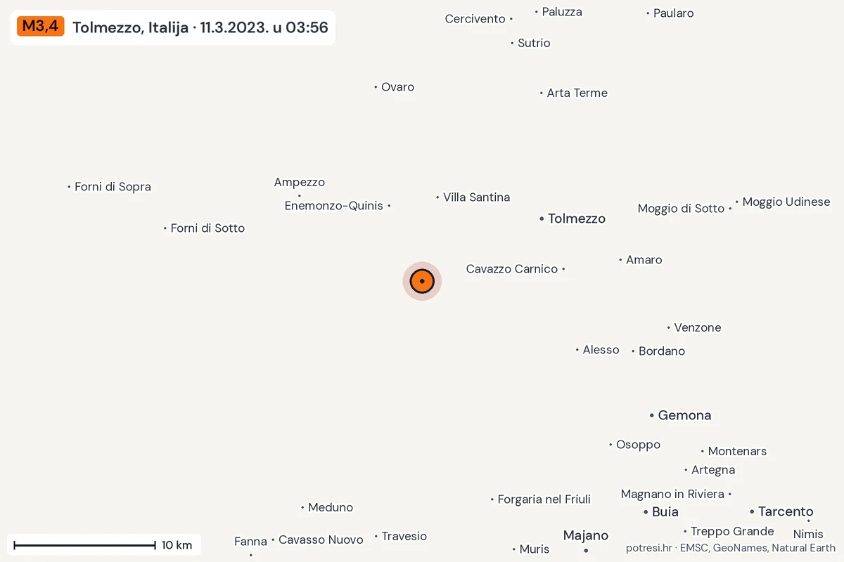 Karta: okolica epicentra, 60 km, potres M3,4, Tolmezzo, Italija, 11.3.2023.