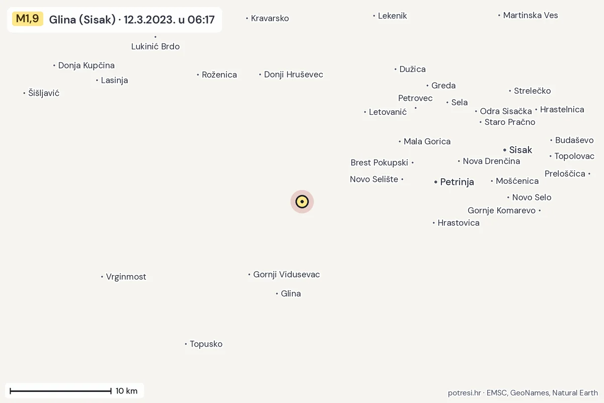 Karta: okolica epicentra, 60 km, potres M1,9, Glina (Sisak), 12.3.2023.