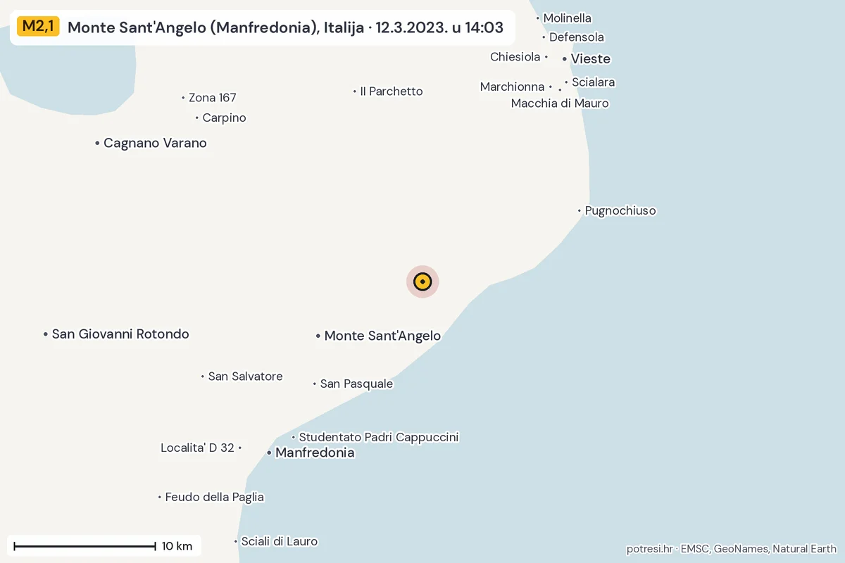 Karta: okolica epicentra, 60 km, potres M2,1, Monte Sant'Angelo (Manfredonia), Italija, 12.3.2023.