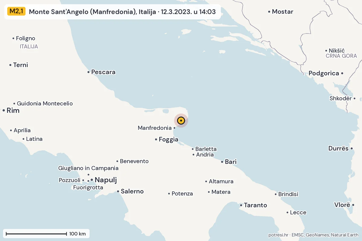 Karta: šire područje, 600 km, potres M2,1, Monte Sant'Angelo (Manfredonia), Italija, 12.3.2023.