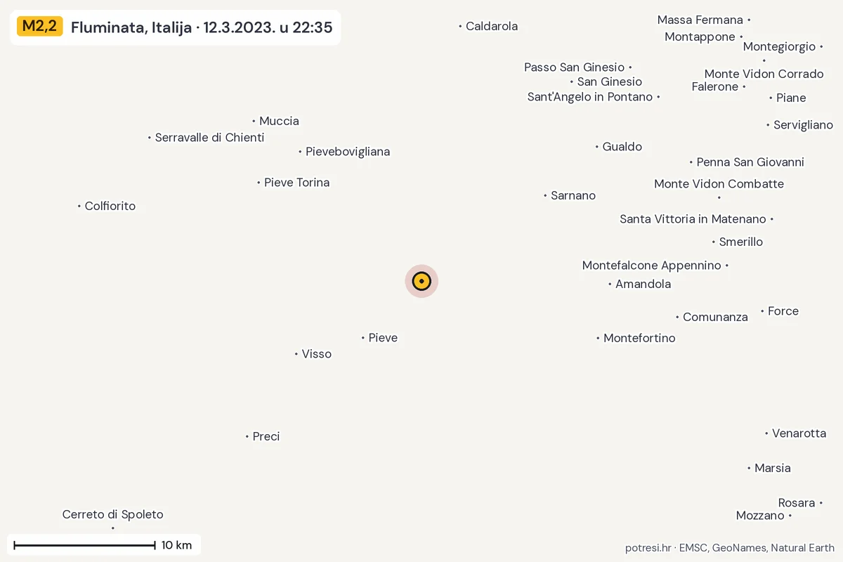 Karta: okolica epicentra, 60 km, potres M2,2, Fluminata, Italija, 12.3.2023.