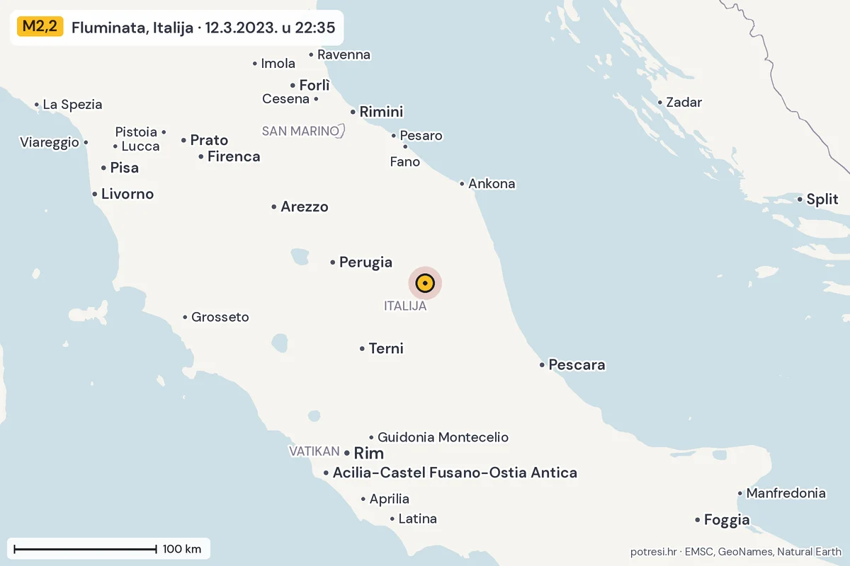 Karta: šire područje, 600 km, potres M2,2, Fluminata, Italija, 12.3.2023.